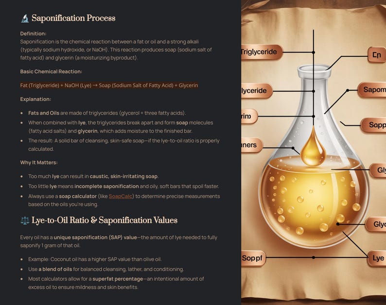 May include: An educational diagram on the saponification process, showing the chemical reaction of fats and oils with lye to produce soap and glycerin. The image includes a flask with a golden liquid and text explaining the process and its importance.