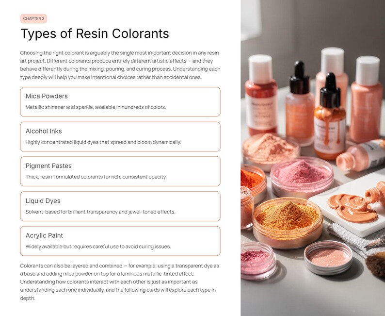 Puede incluir: Imagen que muestra varios colorantes de resina, incluyendo polvos de mica, tintas de alcohol, pastas pigmentadas, tintes l&iacute;quidos y pintura acr&iacute;lica. Los colorantes est&aacute;n en frascos y botellas, con una gama de colores que van desde el rosa y el naranja hasta el amarillo y el marr&oacute;n. El texto dice "Tipos de colorantes de resina".