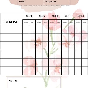 Op de afbeelding: Een printbare trainingslogboek met een bloemenontwerp. Het logboek bevat secties voor datum, training, stemming, slaapuren, oefening, sets, gewicht, herhalingen en notities.