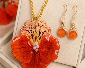 Preserved Royal Flamboyant Necklace in Resin with Matching Earrings | Handmade Botanical Jewelry | Orange and Gold Floral Set