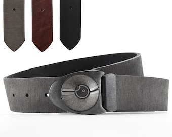Cool Locking Belt Buckle on Gray Leather Belt by Obscure Belts