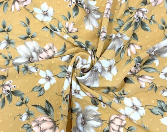 Mustard Peach Cream and Sage Magnolia Floral Swiss Dot Fabric
