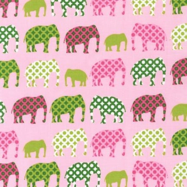 Pink and Green Elephant Fabric, Robert Kaufman Urban Circus in Spring, 1 Yard