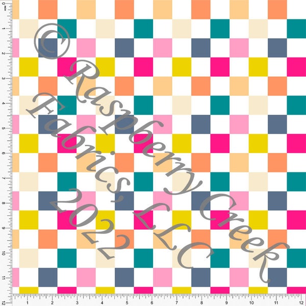 Dusty Blue Deep Teal Bright Fuchsia Bright Yellow and Orange Multi Colored Checker Print Fabric, Glow Crazy by Kim Henrie for Club Fabrics