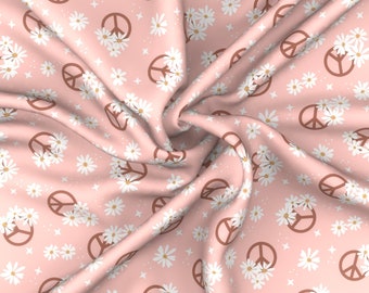 Peach Pink Clay and Light Mustard Yellow Magic Peace Sign Floral Print Fabric, Made of Magic by Kim Henrie