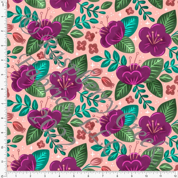 Blossom Peacock Deep Magenta and Deep Mauve Floral Print Fabric, Jewel Tones by Janelle Coury for Club Fabrics