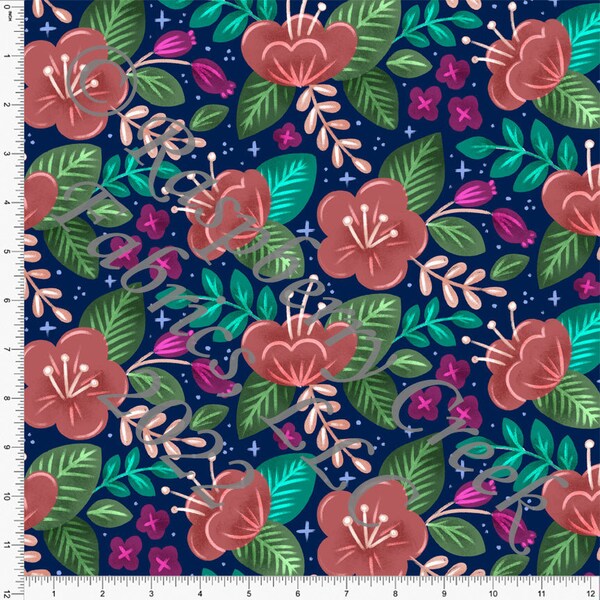 Navy Blue Peacock Blossom Deep Magenta and Deep Mauve Floral Print Fabric, Jewel Tones by Janelle Coury for Club Fabrics