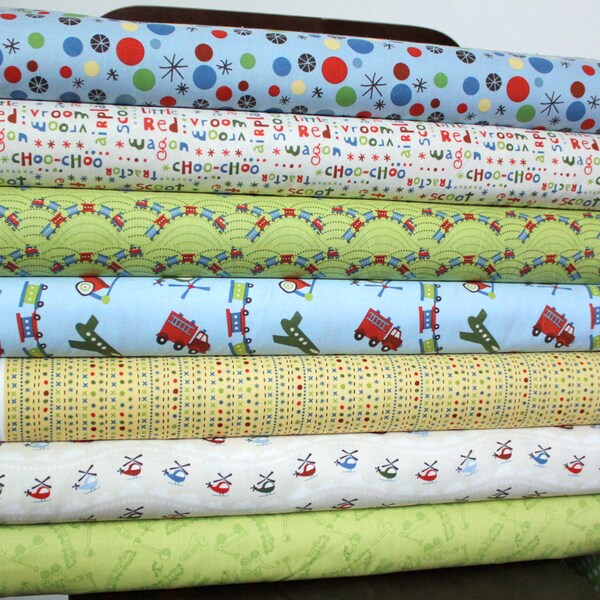 Blue Red and Green Boy Train Fabric, Scoot for Riley Blake, Fat Quarter Bundle, 7 Prints Total