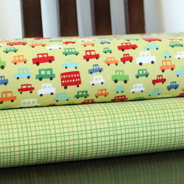 Lime Car and Random Pencil Check Fabric from Michael Miller, Half Yard Bundle, 1 Yard Total