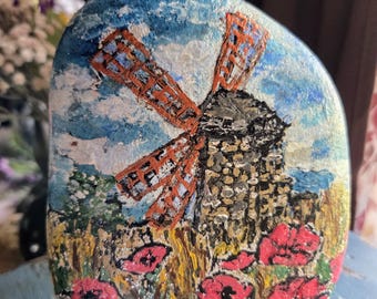 Windmill painted rock with stand, housewarming gift, old windmill with flowers