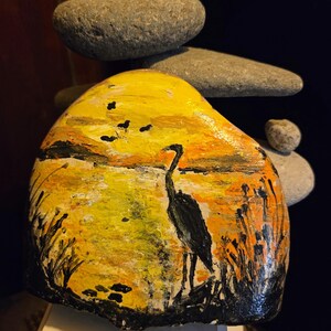 Hand Painted Heron Bird Scene on Natural Rock with Stand