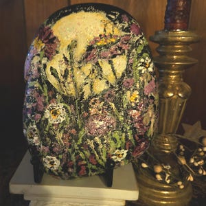 Purple Flowers with stand, Gifts for her, Painted rock floral