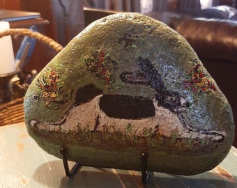 folk art bunny painted rock with stand