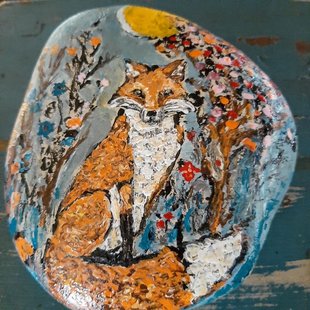 Fox Painted Rock With Stand, Fox With Flowers , Country Decor - Etsy