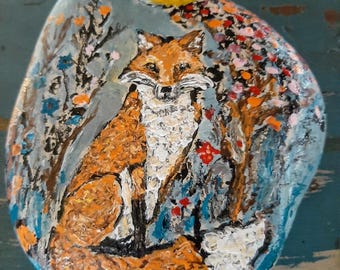 Fox painted rock with stand, Fox with flowers , country decor