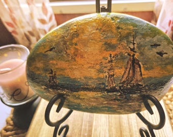 Sailboat painted rock with large stand, Sailboat painting, Ocean sunset