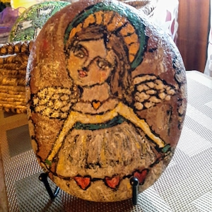 angel painted rock with stand, angel folk art, folk art, hearts and angels, painted rock angel