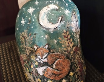 fox painted rock with stand, fox lovers, fox and moon painted rock, moon decor