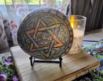Hand Painted Star of David Rock Art with Stand
