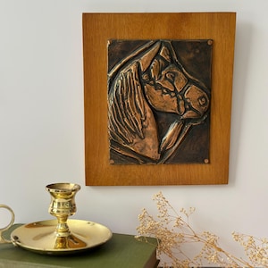 Vintage Copper Horse Head Wall Art: Hammered Metal on Wood