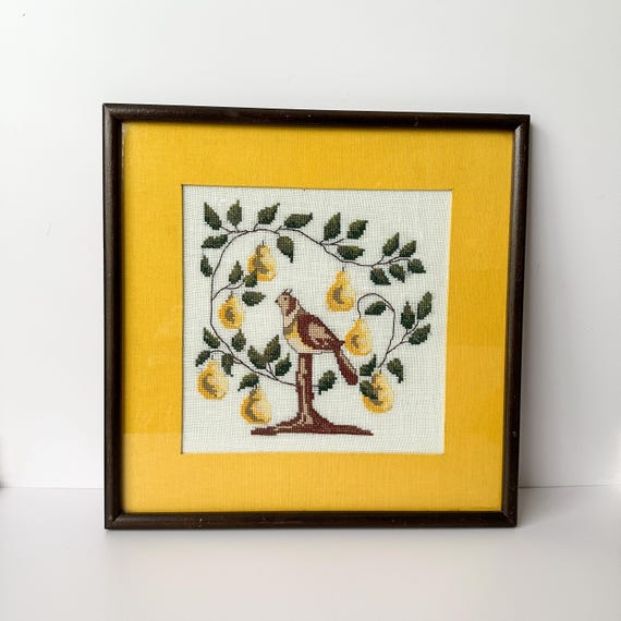 Vintage Framed Bird Pear Tree Needlepoint Art | Folk Cottage Textile Wall Decor