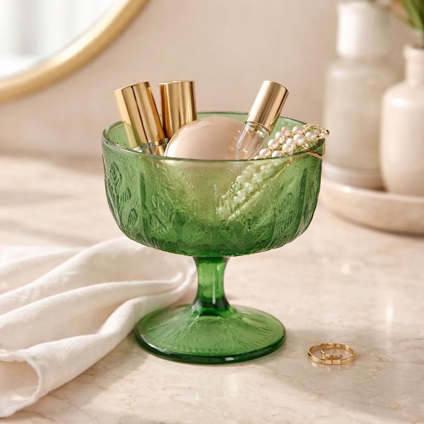 Vanity Makeup Organizer | Vintage Green Depression Glass Compote Bowl | Candy Dish