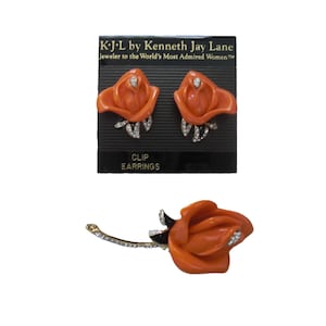 KJL Kenneth J Lane Vintage Lucite Orange Rose Rhinestone Brooch Pin and Clip-On Earring Set