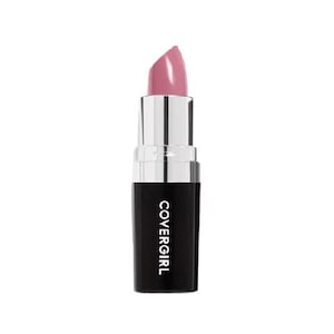 May include: A tube of Covergirl lipstick with a light pink shade. The lipstick is in a black and silver tube, with the brand name printed in white. The lipstick is displayed against a white background.