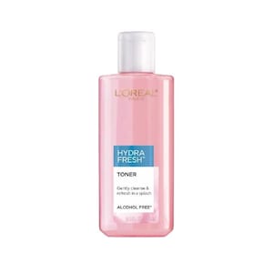 May include: A pink L'Oréal Hydra Fresh Toner bottle with a white cap. The label reads "Hydra Fresh Toner" and "Gently cleanse & refresh in a splash. Alcohol Free". The bottle contains 8.4 fl oz (250ml).