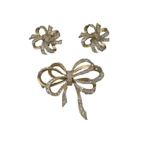 KJL Gold Plated Clear Rhinestone Bow Brooch and Clip On Earring Set Kenneth Jay Lane for Avon
