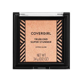 May include: A square compact of Covergirl TruBlend Super Stunner Hyper-Glow makeup. The product is a light peach color, encased in a black plastic compact with a clear lid. The net weight is 3.4 g (0.12 OZ).