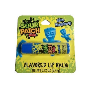 May include: A Sour Patch Kids flavored lip balm in a blue and green package. The lip balm tube is blue with a green and yellow design. The package features the words "Sour Patch Kids" and "Blue Raspberry". Net weight is 0.12 oz (3.4 g).