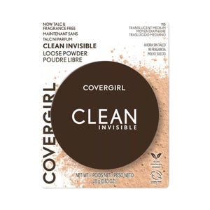 May include: A CoverGirl Clean Invisible loose powder container. The product is translucent medium and fragrance-free. The container is brown with the words "Clean Invisible" in white. The net weight is 18 g (0.63 oz).