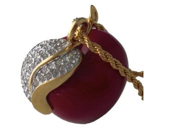 Vintage KJL Kenneth J Lane Red Apple Pendant Necklace Designer Signed