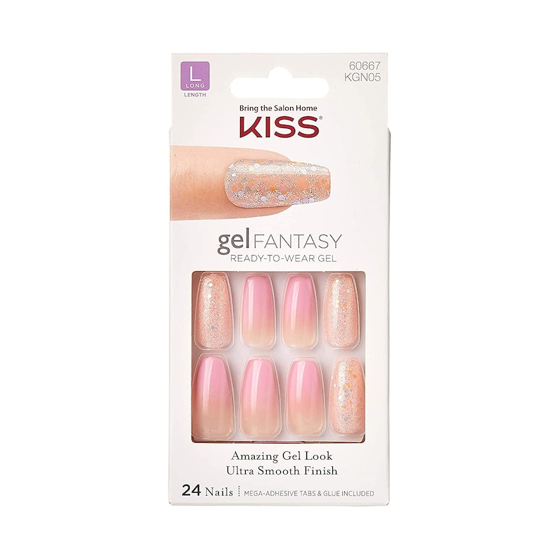 May include: A package of KISS gel Fantasy ready-to-wear gel nails. The nails are a gradient of pink and peach with glitter accents. The package includes 24 nails and features the text "Amazing Gel Look Ultra Smooth Finish".
