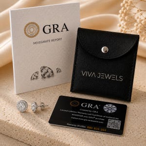 May include: A pair of round, halo-style moissanite stud earrings with a black Viva Jewels pouch, a GRA Moissanite Report, and a GRA authenticity card. The card includes warranty information and a QR code.