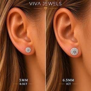 May include: Close-up of two ears each adorned with a diamond stud earring. The left ear features a 5mm earring, while the right ear showcases a 6.5mm earring. The text "VIVA JEWELS" is at the top of the image.