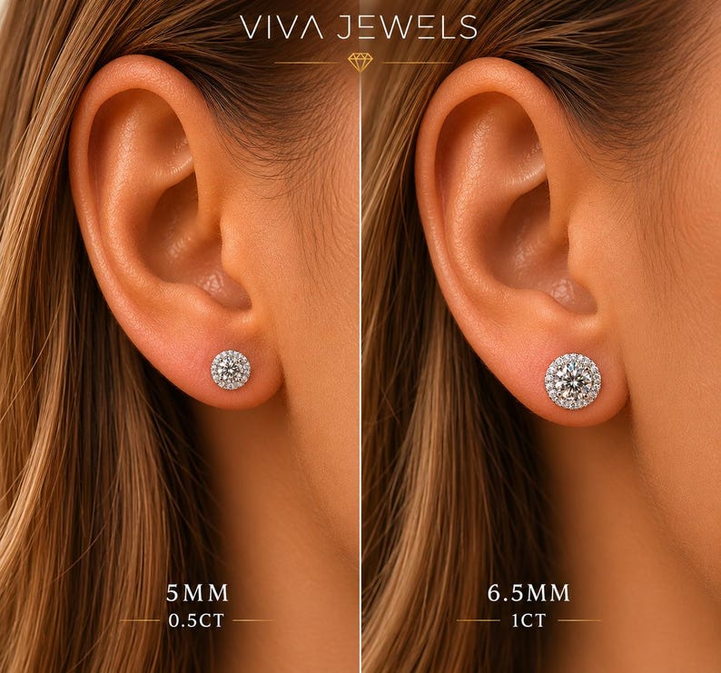 May include: Close-up of two ears each adorned with a diamond stud earring. The left ear features a 5mm earring, while the right ear showcases a 6.5mm earring. The text "VIVA JEWELS" is at the top of the image.