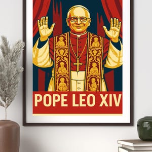 Cartaz de campanha em vermelho e dourado com arte de parede do Papa Leão XIV | Arte católica para impressão | Decoração religiosa moderna para casa | Impressão do retrato papal do Vaticano