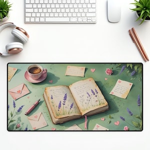 Vintage Schreibunterlage - romantisches Mousepad mit Liebesbrief, Rosen, Buch & Kaffee - nostalgische Ästhetik für das Home Office Dekor