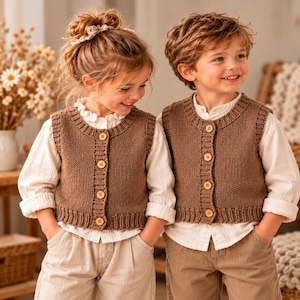 May include: Two children wearing matching brown knit sweater vests over white long-sleeved shirts. The vests feature a ribbed neckline, armholes, and hem, with four light-colored wooden buttons down the front center. The knit texture is visible.