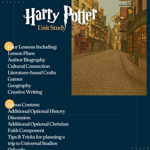 Könnte beinhalten: Eine dunkelblaue Bildungsressource mit dem Titel "Harry Potter Unit Study" mit einer Straßenbildillustration. Der Text listet Unterrichtspläne, Autorenbiografie und kreatives Schreiben auf. Bonusinhalt umfasst Geschichte, Diskussion und Tipps für Universal Studios.