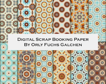 12x12 Digital Paper Collection in Orange, Turquoise, Teal and Brown. Set of 12 Scrapbook Sheets, Craft Paper Collection. Circles, Flowers.