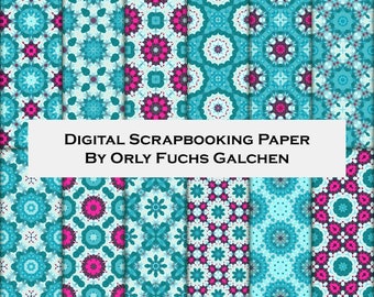 Teal Pink and Turquoise Digital Scrap booking Paper. a Set of 12 Downloadable Printable Paper Sheets, Paper Crafts Collection