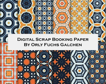 Orange, blue and Yellow Digital Paper Sheets Set. Hexagons and Circles Decorative Paper For Scrapbooking. Bold Pattern Printable Paper Pack.