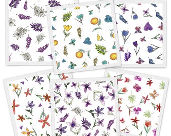 Hand-Drawn Floral Digital Paper Bundle, Set of 6 Watercolor Patterns for Scrapbooking, DIY Envelope Liners & Crafts, 8.5x11 Letter Size