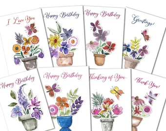 Hand-Drawn Watercolor Flower Butterfly Cards, All Occasion Greeting Card Set (5x7 PDF/JPEG)