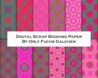 12x12 Digital Paper Sheets in Green, Pink, Fuchsia. Decorative Paper Set For Scrapbooking. Printable Craft Paper Collection Circles and Dots