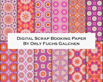 Orange and Purple Set of 12 Digital Paper Sheets. Decorative Paper Set For Scrapbooking. Circles and Flowers Colorful Patterns Collection.