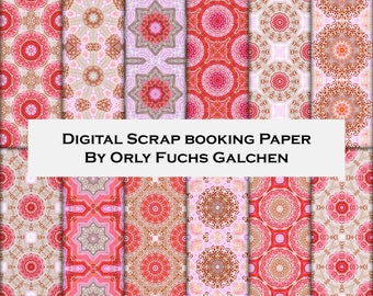 Pink and Beige Set of 12 Digital Paper Sheets. Decorative downloadable paper for scrap booking. Paper Crafts Downloadable Colorful Paper.